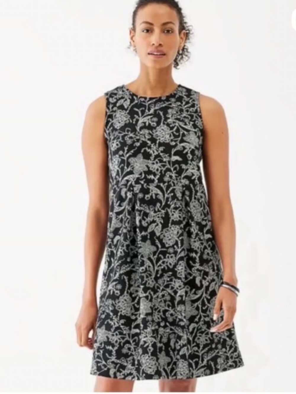NWT J. Jill Wearever Black/White Floral Pleated Sleeveless Midi Dress Women's L